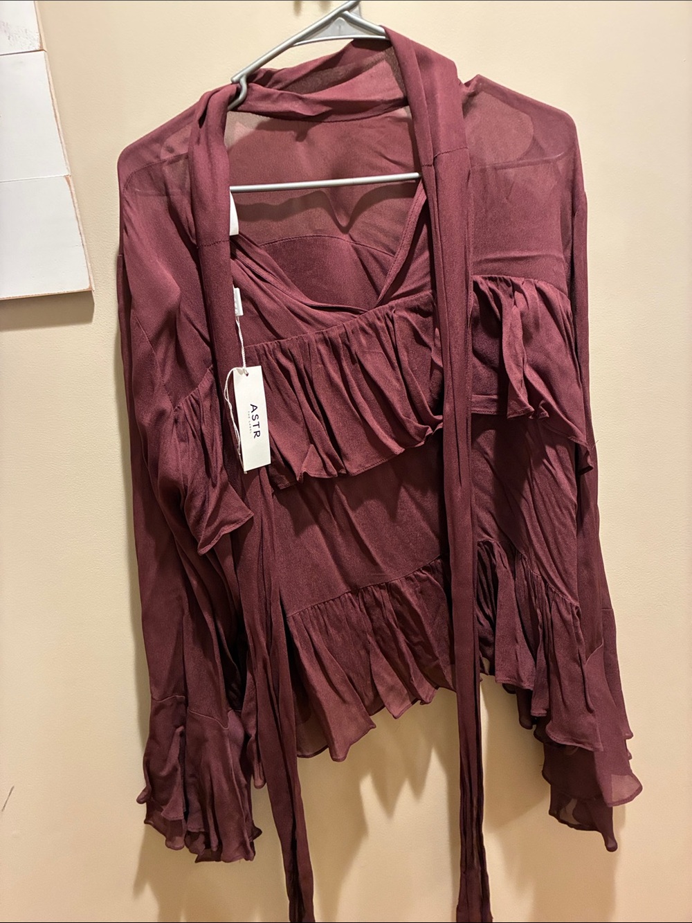 Astr Wine Burgundy Sheer Ruffle Tie-Neck Blouse